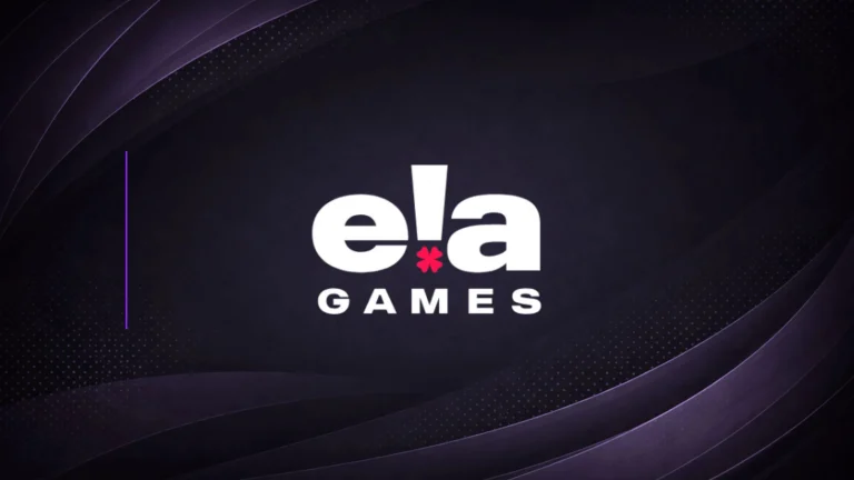 ELA Games corporate logo displayed on dark purple awards presentation background
