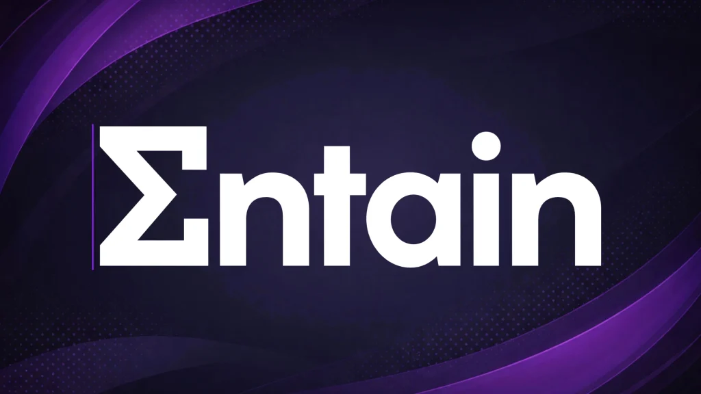 Entain corporate logo displayed on purple branded background graphic