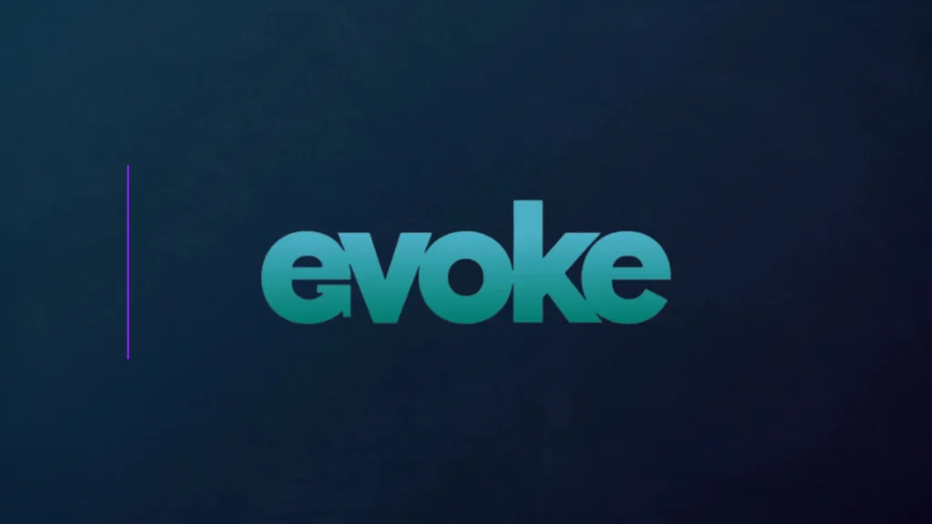 Evoke company logo displayed on dark blue corporate background graphic