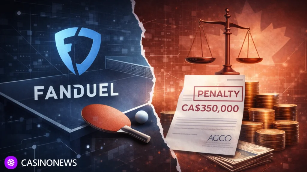 Illustration showing FanDuel disputing a CA$350,000 penalty from Ontario’s gambling regulator over table tennis betting