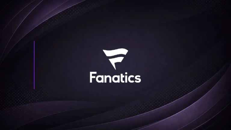 Fanatics logo displayed on a dark purple branded background with abstract graphic design elements.