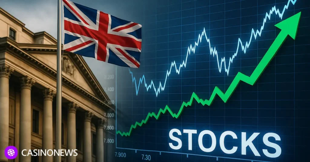 UK flag beside a financial stock chart showing sharp fluctuations and a strong rebound, symbolizing volatility in UK gambling industry stocks.