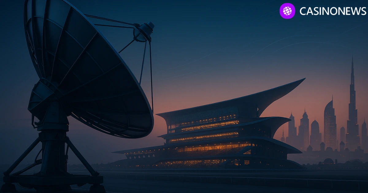 Satellite dish facing Meydan Racecourse at sunset, symbolizing global broadcast expansion from Dubai.