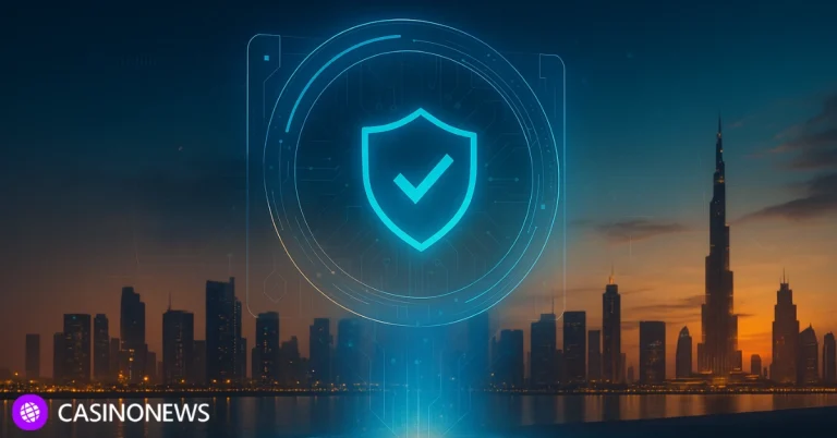 Digital security shield hologram above Dubai skyline representing the UAE’s launch of Play 971 and regulated online gaming.
