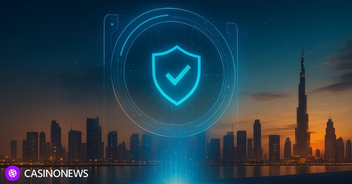 Digital security shield hologram above Dubai skyline representing the UAE’s launch of Play 971 and regulated online gaming.