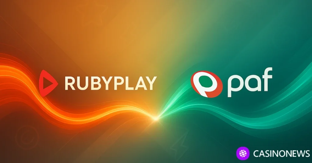 RubyPlay and Paf logos connected by flowing orange and green light, symbolizing a new Spanish iGaming partnership.