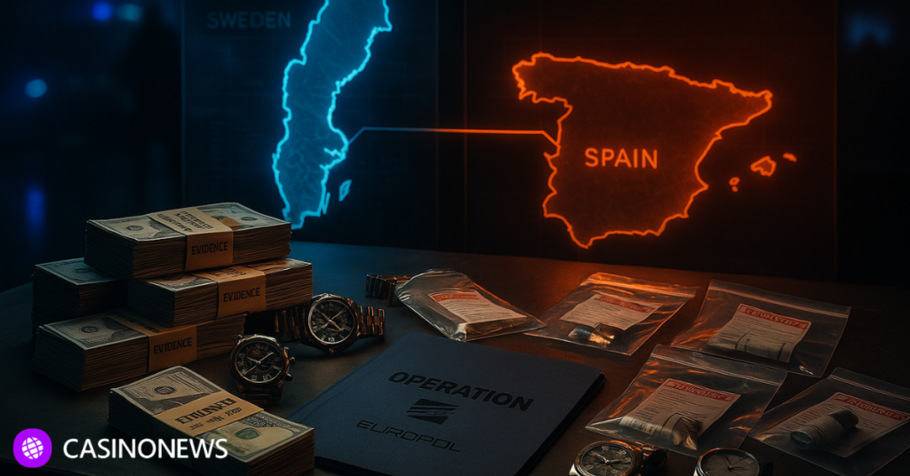 Evidence table from Europol operation showing seized cash, luxury watches and digital maps of Sweden and Spain linked to a criminal network.