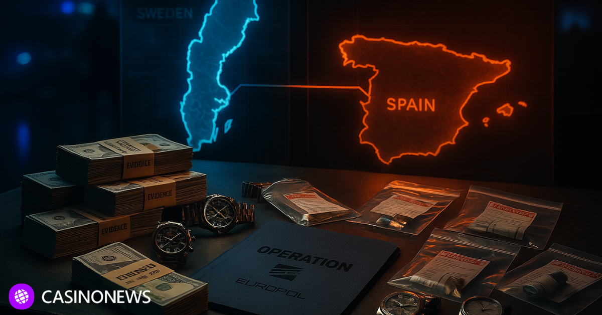 Evidence table from Europol operation showing seized cash, luxury watches and digital maps of Sweden and Spain linked to a criminal network.