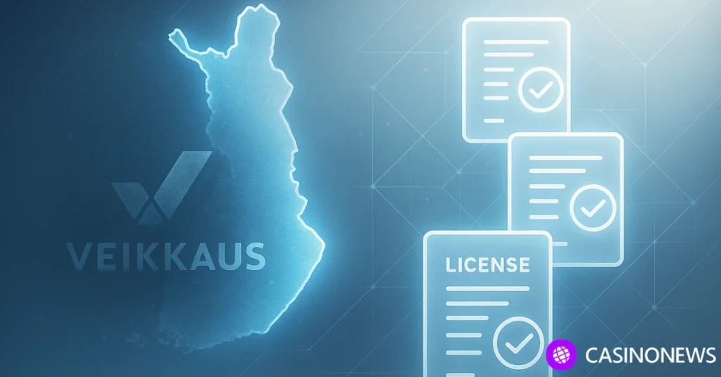 Glowing digital map of Finland with the Veikkaus logo beside illuminated licensing documents representing the country’s new 2027 online gambling framework.