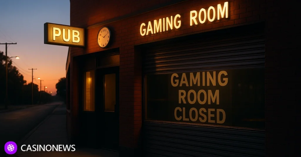 A closed gaming room at an Australian pub at dawn, with shutters down and signage reading “Gaming Room Closed,” symbolizing NSW’s 4am pokies shutdown reform.