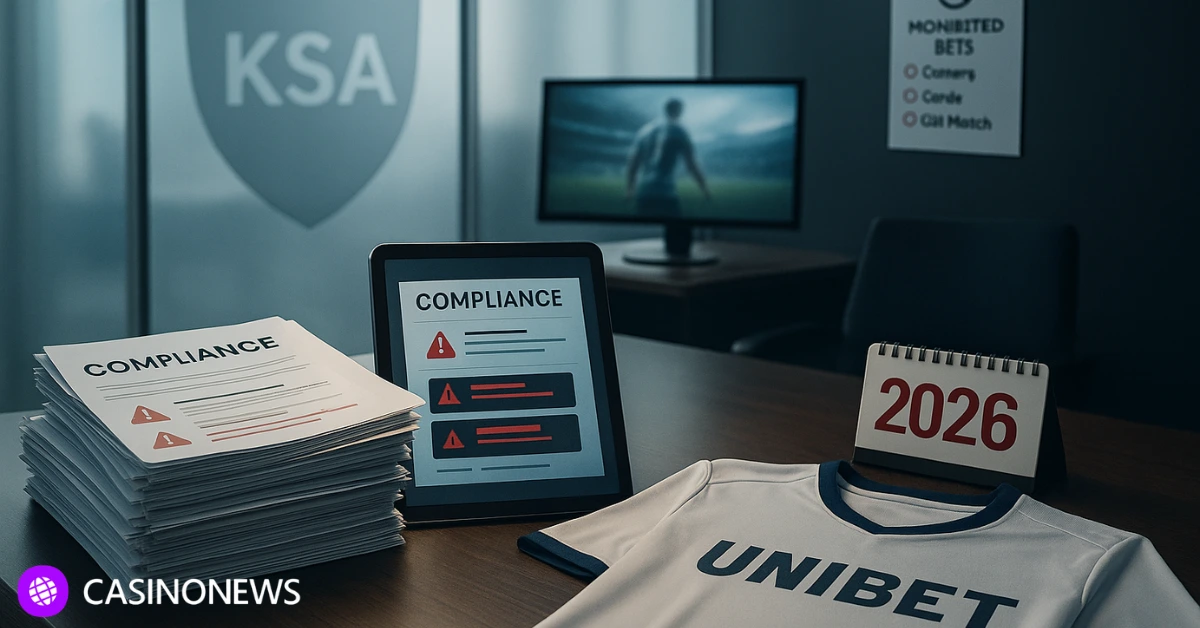 A compliance desk inside the Dutch gambling regulator KSA’s office, showing warning reports, a Unibet shirt, and a 2026 calendar symbolizing license renewal pressure.
