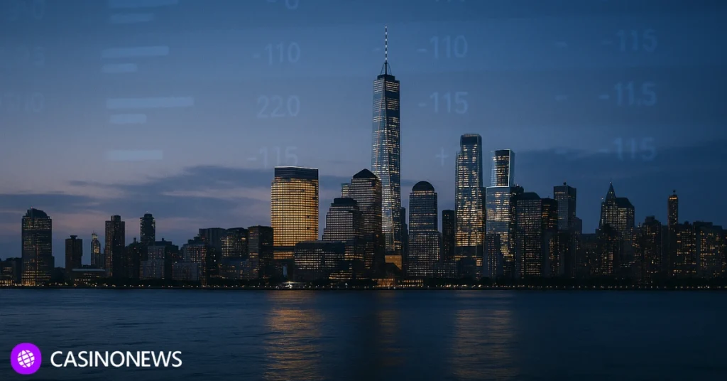 New York City skyline at dusk with subtle sports betting odds blended into the sky, symbolizing record online wagering revenue.