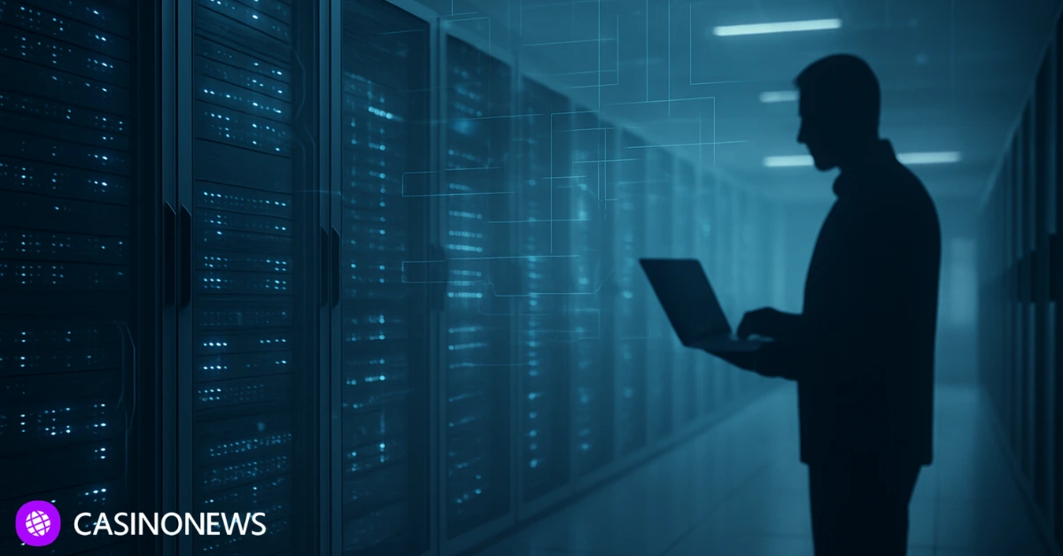 Data center technician working with servers representing a managed sportsbook system.