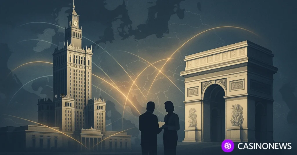 Illustration of Poland and France cooperating to combat offshore gambling activity across Europe.