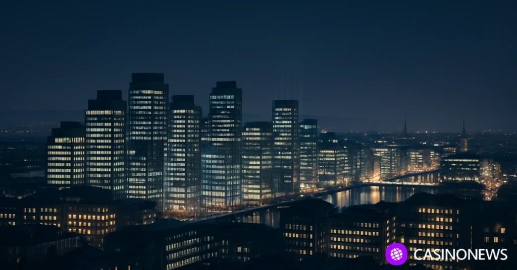 Nighttime view of Dublin showing widespread digital economic activity tied to online gambling growth.