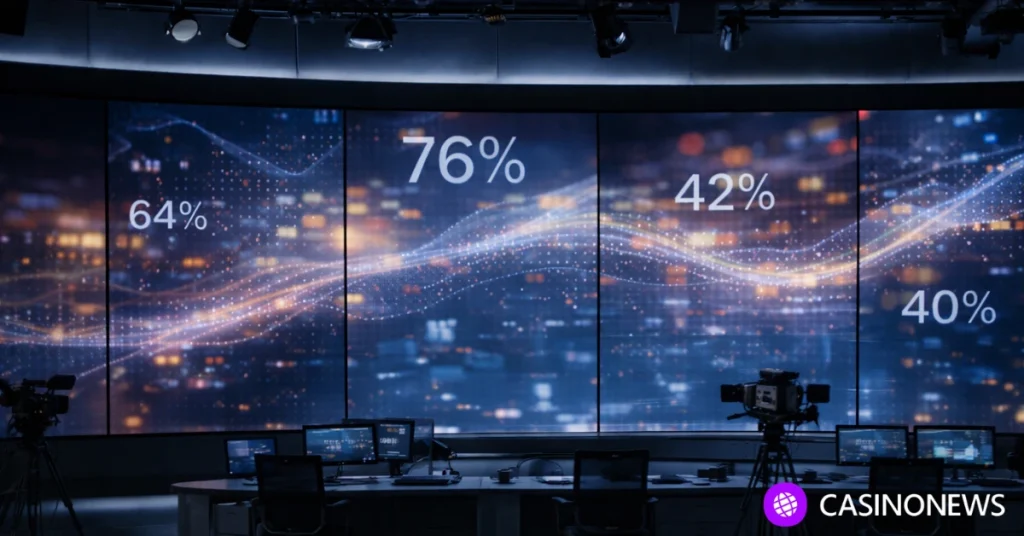Broadcast newsroom displaying live probability data as part of a prediction market news integration.