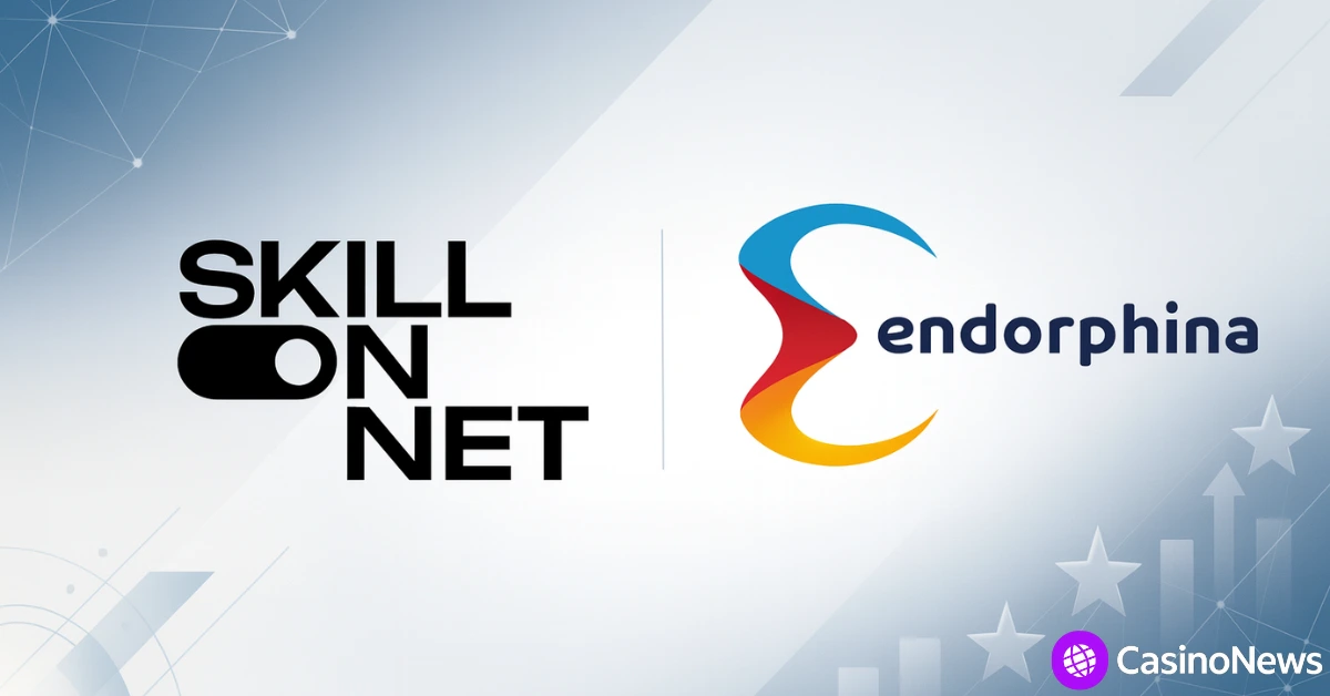 SkillOnNet and Endorphina logos displayed side-by-side on a modern digital background symbolizing a new global iGaming content partnership.