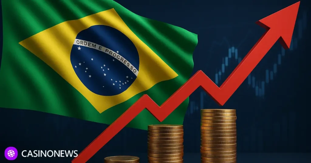 Brazilian flag with “ORDEM E PROGRESSO,” rising coin stacks and an upward red tax arrow symbolizing proposed betting tax increases.