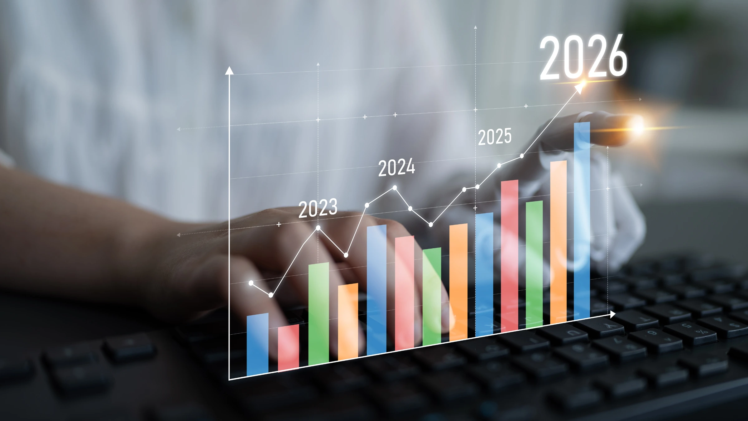 Business growth chart with rising bars and performance trend projections through 2026