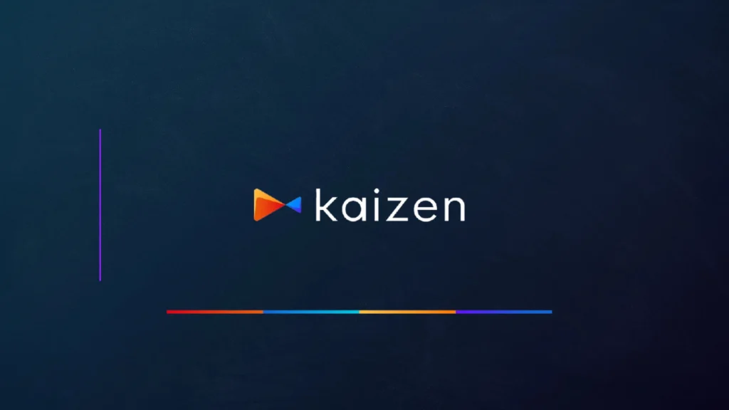 Kaizen company logo displayed on dark blue branded digital background with colored design elements
