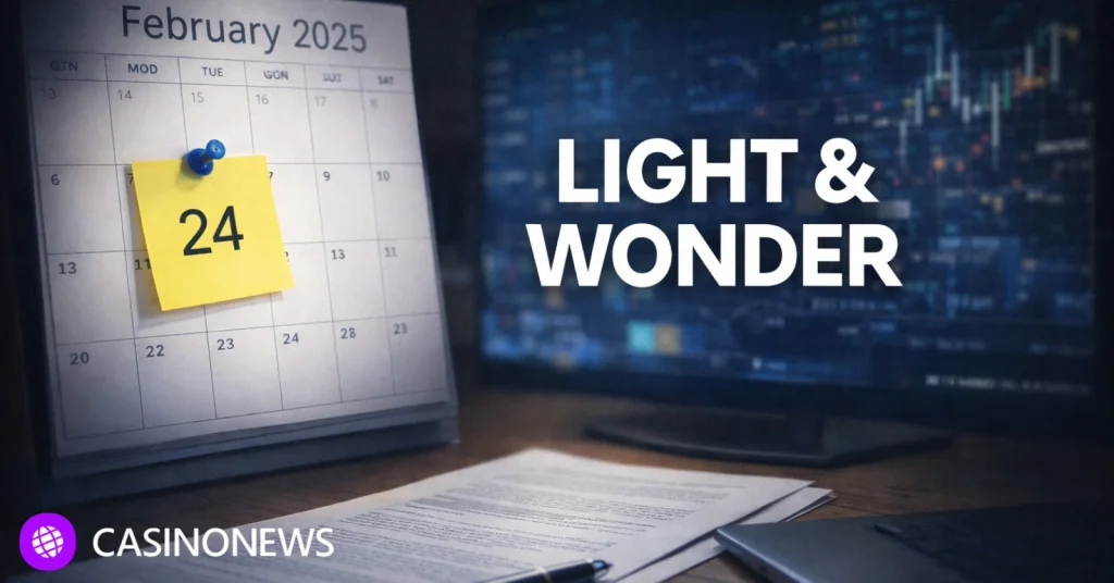 Desk calendar marked February 24 beside financial documents and a laptop in an office setting, representing upcoming earnings release.