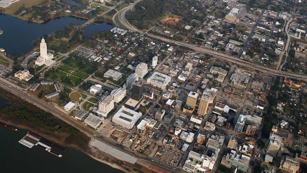 Aerial view of Louisiana capital district with government buildings and surrounding cityscape
