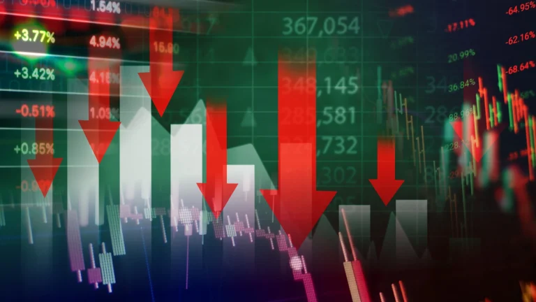 Red downward arrows over stock market charts and trading data showing a sharp financial market decline