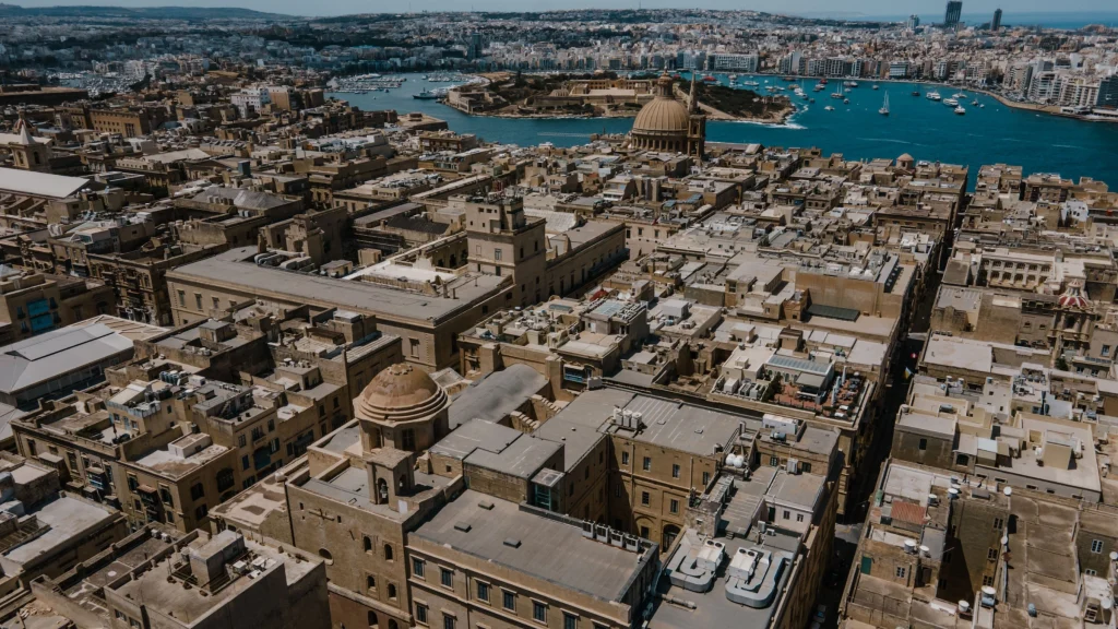 Aerial view of Valletta and Grand Harbour showcasing Malta’s historic cityscape and waterfront
