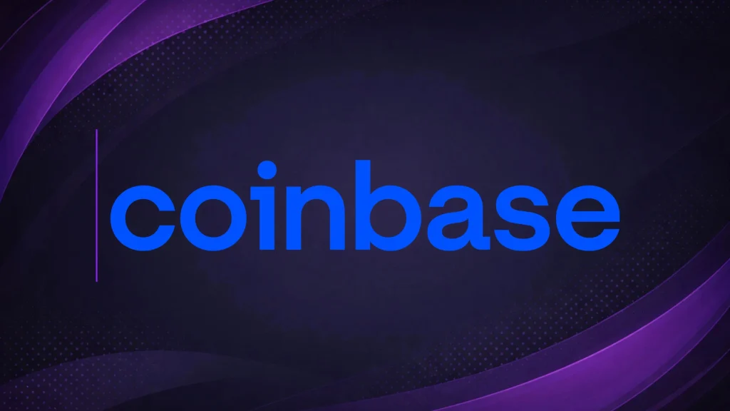 Coinbase logo displayed on a dark purple branded background.