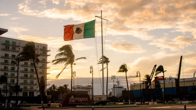Mexican national flag flying near a waterfront with palm trees, ships and sunset sky.