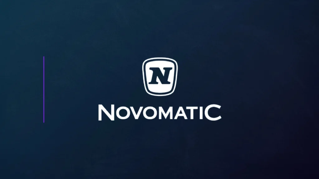 NOVOMATIC corporate logo displayed on branded background representing gaming technology company