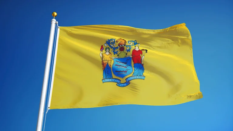 New Jersey state flag flying outdoors against bright sky during daylight