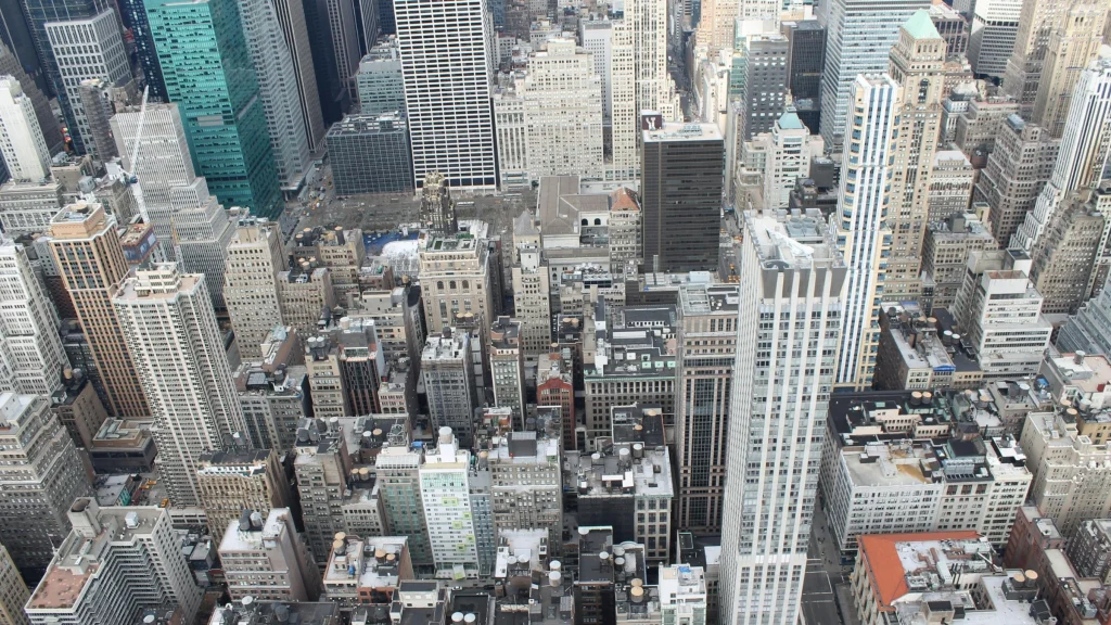 Aerial view of dense New York City skyscrapers