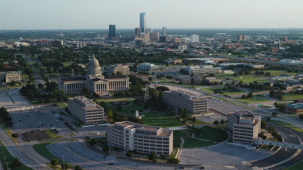 Aerial view of Oklahoma City skyline and state government district