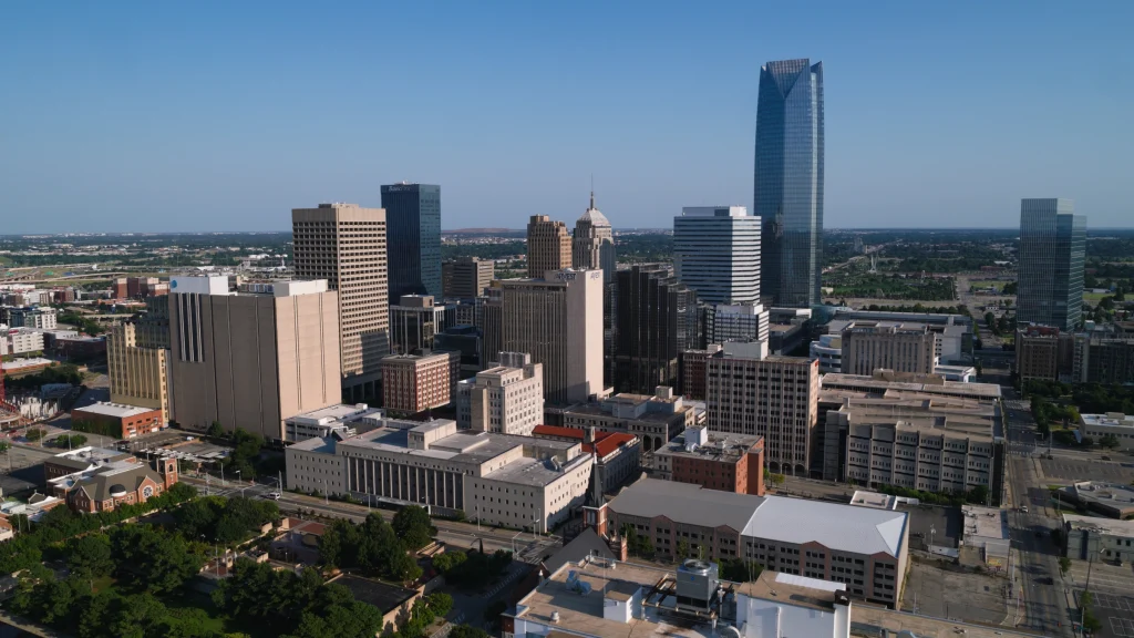 Downtown Oklahoma City skyline under clear blue skies