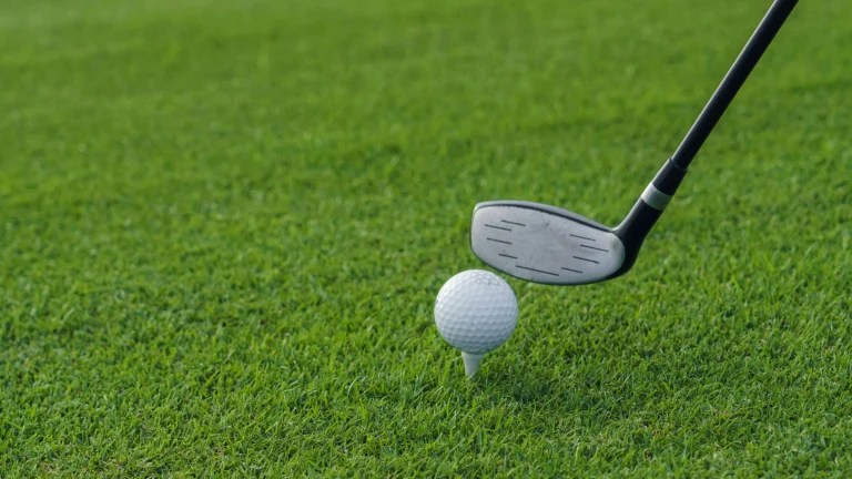 Golf club positioned behind ball on tee before drive shot