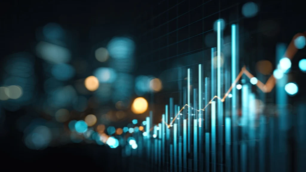 Financial market chart showing rising bar graphs and upward trend lines against a blurred city background