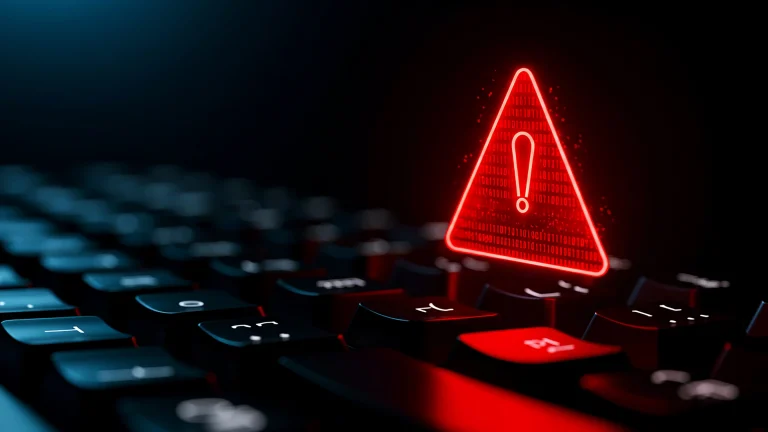 Red cybersecurity warning icon glowing above a computer keyboard in a digital security concept