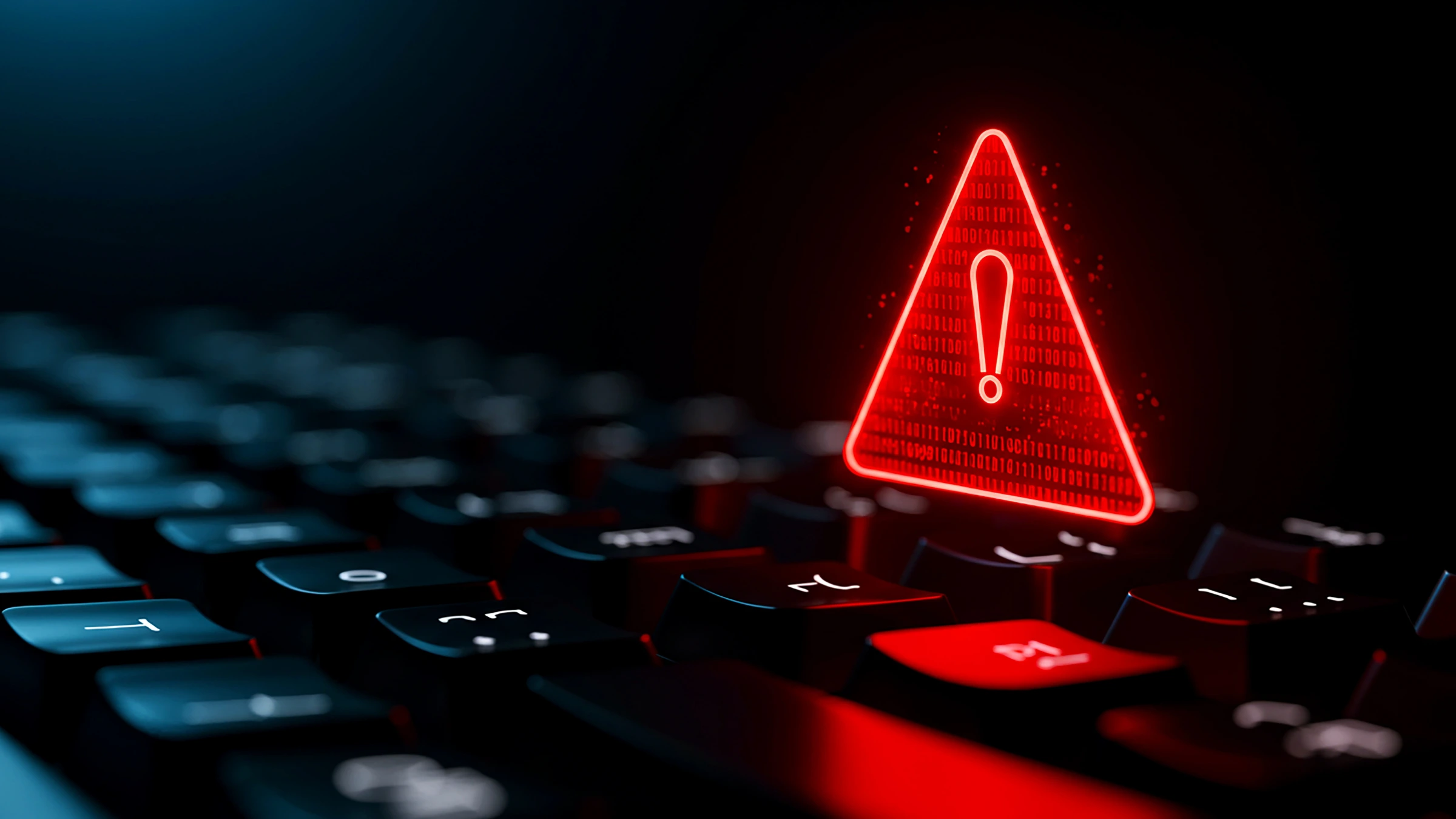 Red cybersecurity warning icon glowing above a computer keyboard in a digital security concept