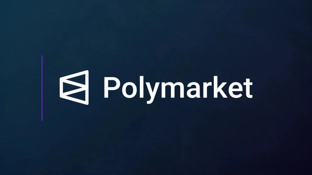 Polymarket company logo displayed on dark blue branded background graphic