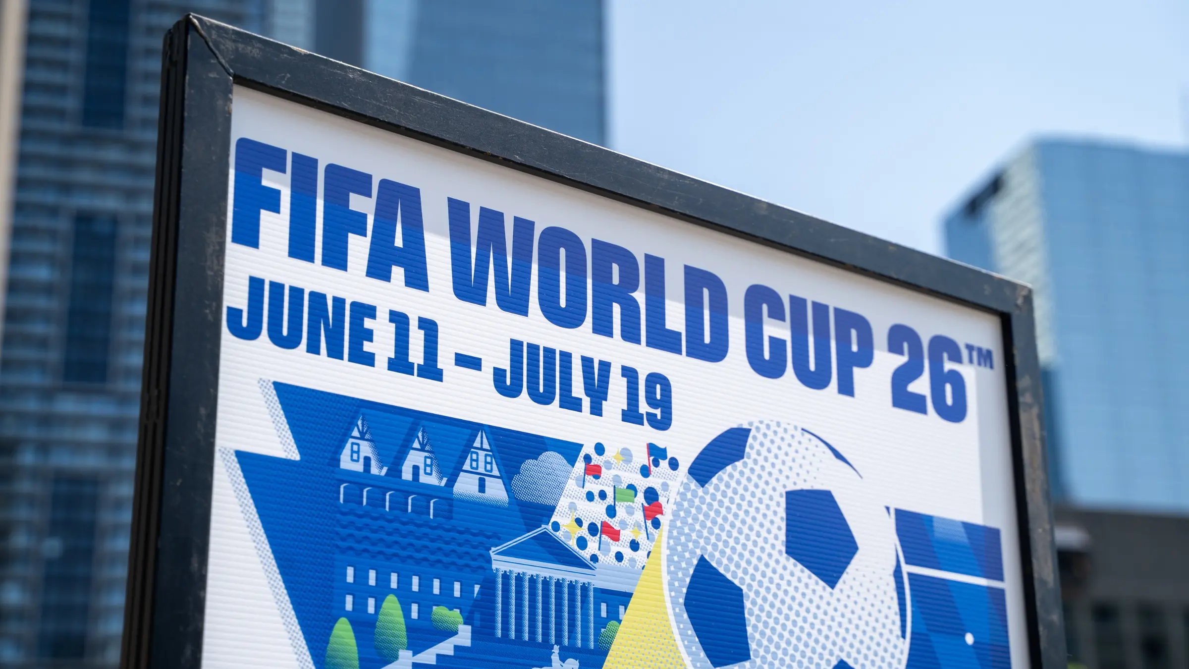 FIFA World Cup 2026 promotional display highlighting upcoming international football tournament