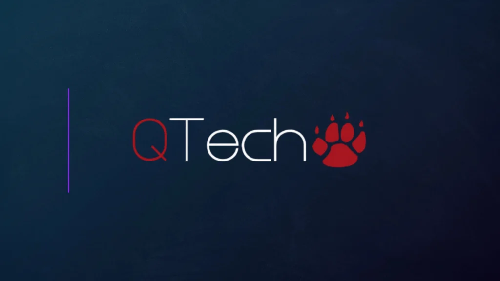 QTech corporate logo displayed on dark blue branded digital background graphic