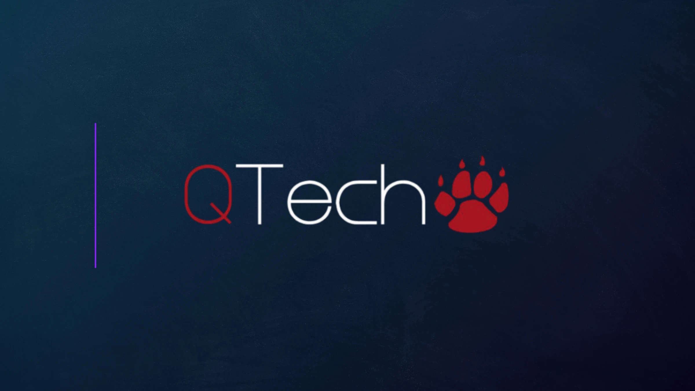 QTech corporate logo displayed on dark blue branded digital background graphic