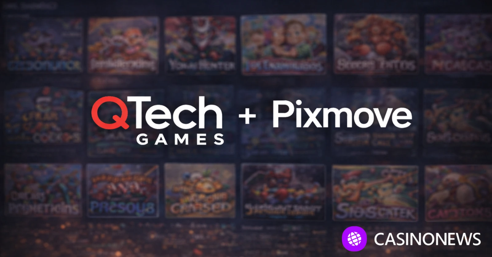Blurred online casino game lobby background with QTech Games and Pixmove names centered to represent their aggregation partnership.