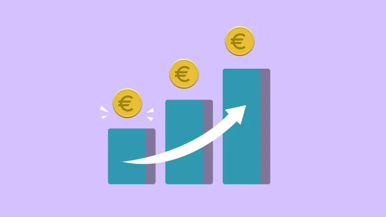 Bar chart with euro symbols and rising trend arrow representing revenue growth