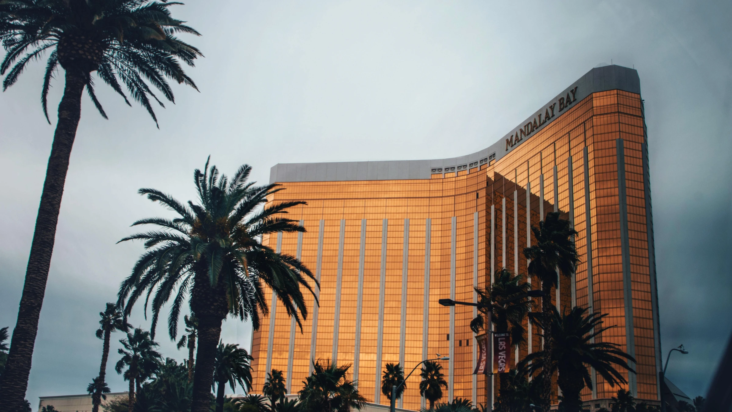 Mandalay Bay resort and casino building viewed from Las Vegas Strip with palm trees