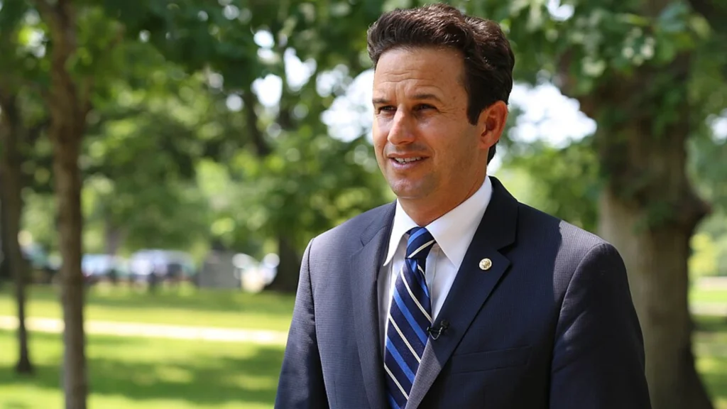 US senator speaking during outdoor interview while wearing business suit and tie