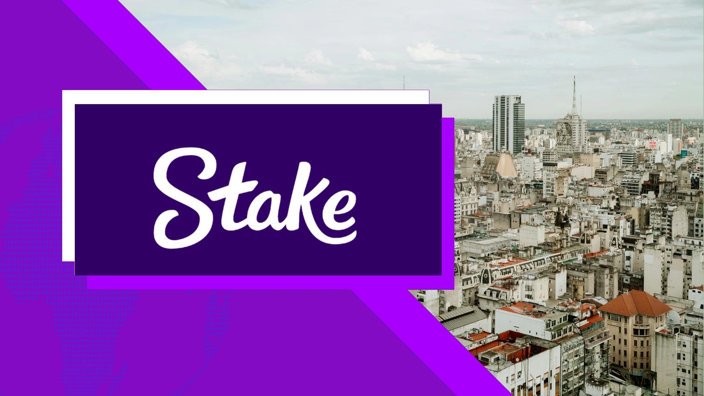 Stake logo graphic displayed over aerial view of Buenos Aires city skyline in Argentina