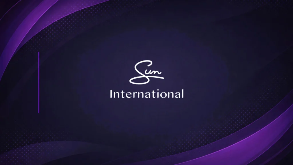 Sun International company logo displayed on dark purple branded background graphic