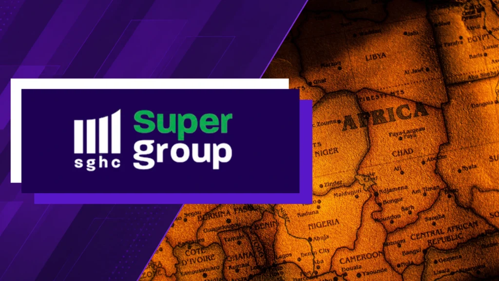 Super Group branding over African continent map graphic